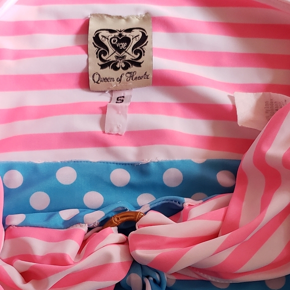 Rare Queen of Heartz pink stripe blue polka dot retro pinup swimsuit size S - Picture 7 of 12